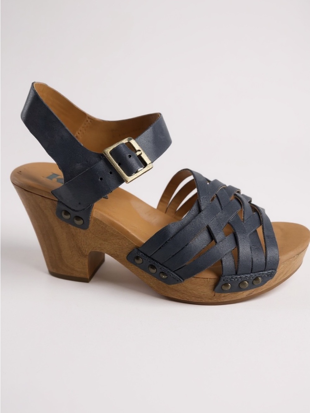 Korks Indigo Blue Weave Strap Wooden Clog Ankle Buckle Cushioned Sandal Size 7